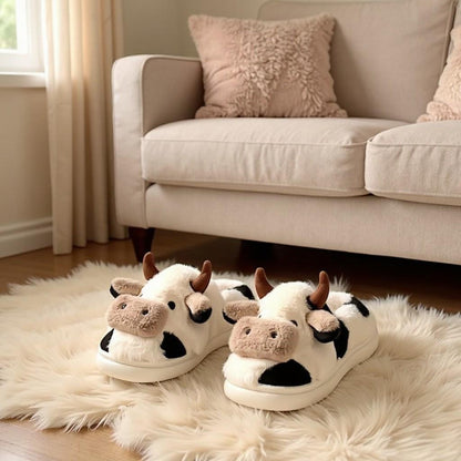 Cow Slippers, Cute Fuzzy House Shoes, Plush Animal Slides, Cozy Indoor Footwear