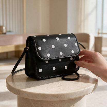 Black Polka Dot Crossbody Bag, Mini Shoulder Purse, Black White Handbag, Cute Flap Bag, Small Everyday Crossbody