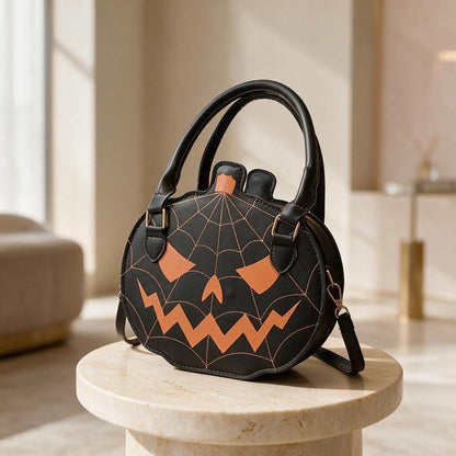 Halloween Pumpkin Handbag, Black Spiderweb Purse, Spooky Gothic Shoulder Bag
