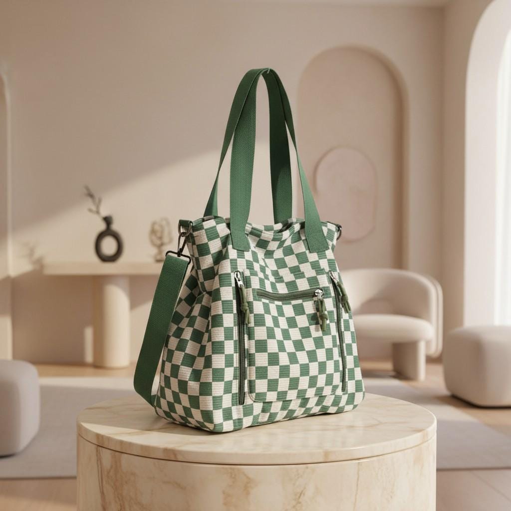 Green Checker Shoulder Bag, Large Tote Purse for Women, Plaid Crossbody Bag, Everyday Travel Handbag