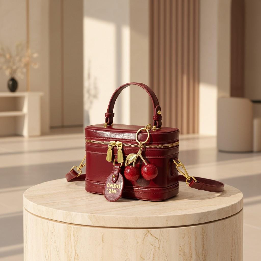 Burgundy Shoulder Bag, Women's Top Handle Crossbody Purse, Double Zip Handbag, Cherry Charm Bag, Structured Box Bag
