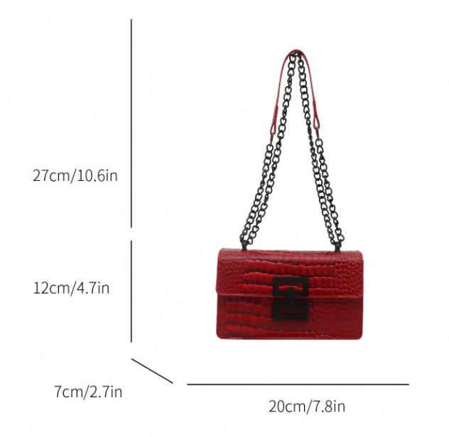 Red Croc Embossed Shoulder Bag, Women's Chain Strap Purse, Flap Crossbody Bag, Statement Evening Handbag