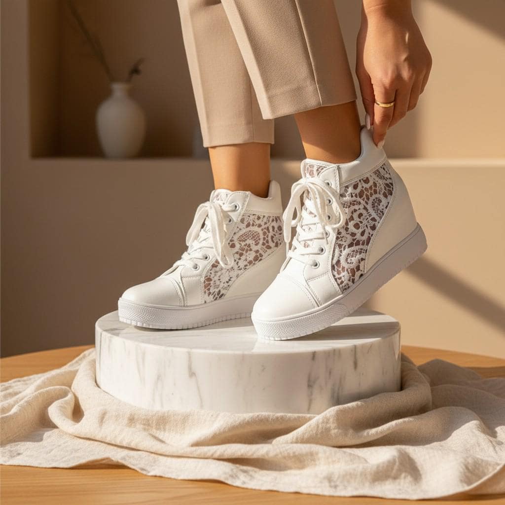 White Wedge Sneakers for Women, High Top Platform Shoes, Animal Print Sneakers, Lace Up Wedge Trainers, Fashion Sneakers