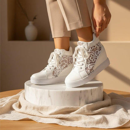 White Wedge Sneakers for Women, High Top Platform Shoes, Animal Print Sneakers, Lace Up Wedge Trainers, Fashion Sneakers