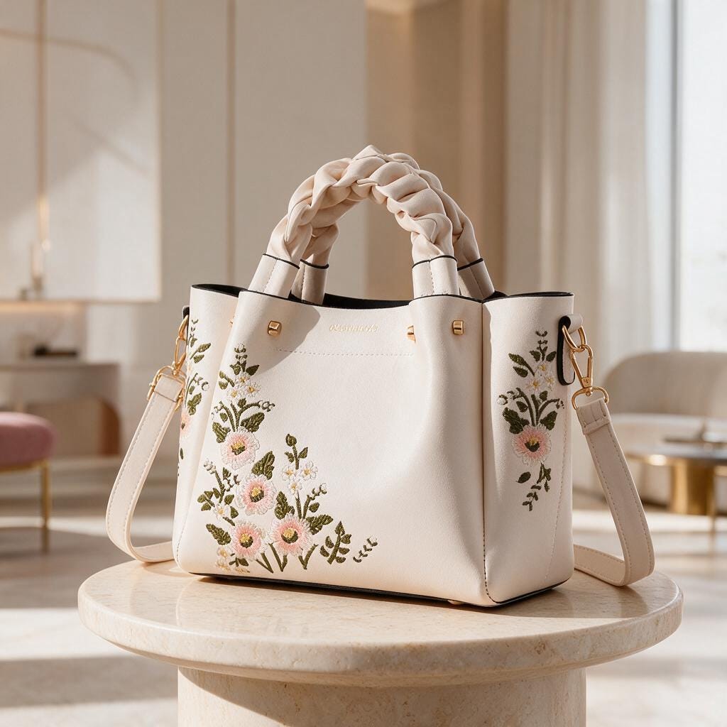 Floral Embroidered Tote Bag, White Shoulder Bag, Braided Handle Purse, Crossbody Bag, Women's Floral Handbag, Gift for Her