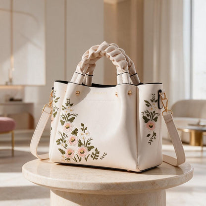 Floral Embroidered Tote Bag, White Shoulder Bag, Braided Handle Purse, Crossbody Bag, Women's Floral Handbag, Gift for Her