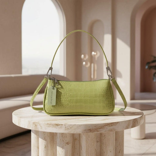 Green Croc Shoulder Bag, Mini Crossbody Purse for Women, Small Zip Handbag, Trendy Everyday Bag