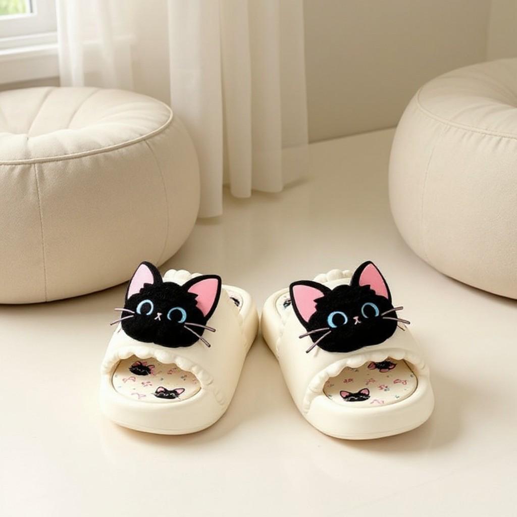 Cute Cat Slippers, Black Cat Slides, Kawaii House Slippers, Women's Indoor Slippers, Funny Cat Shoes, Cozy Summer Slides, Gift for Cat Lover