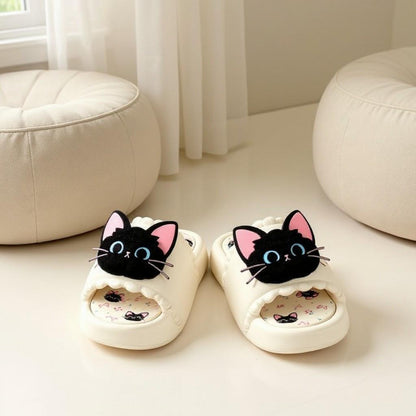 Cute Cat Slippers, Black Cat Slides, Kawaii House Slippers, Women's Indoor Slippers, Funny Cat Shoes, Cozy Summer Slides, Gift for Cat Lover