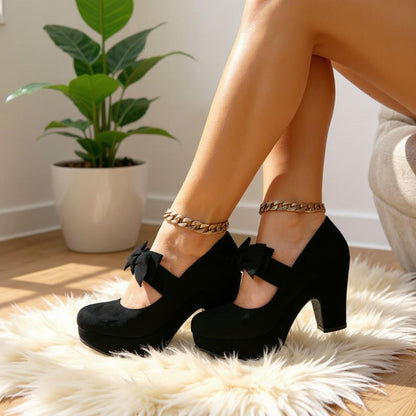 Black Mary Jane Heels, Bow Platform Pumps, Chunky Block Heel Shoes