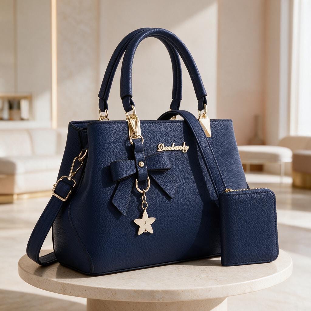 Navy Blue Bow Handbag, Structured Top Handle Purse, Elegant Shoulder Bag, Matching Wallet Set, Womens Blue Handbag