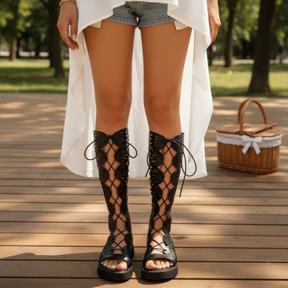 Black Lace Up Gladiator Sandals, Knee High Cutout Platform Shoes