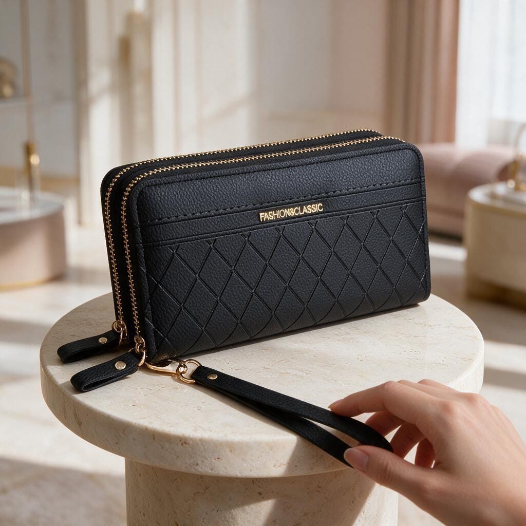 Black Double Zip Wristlet Wallet, Quilted Womens Wallet, Long Zip Purse