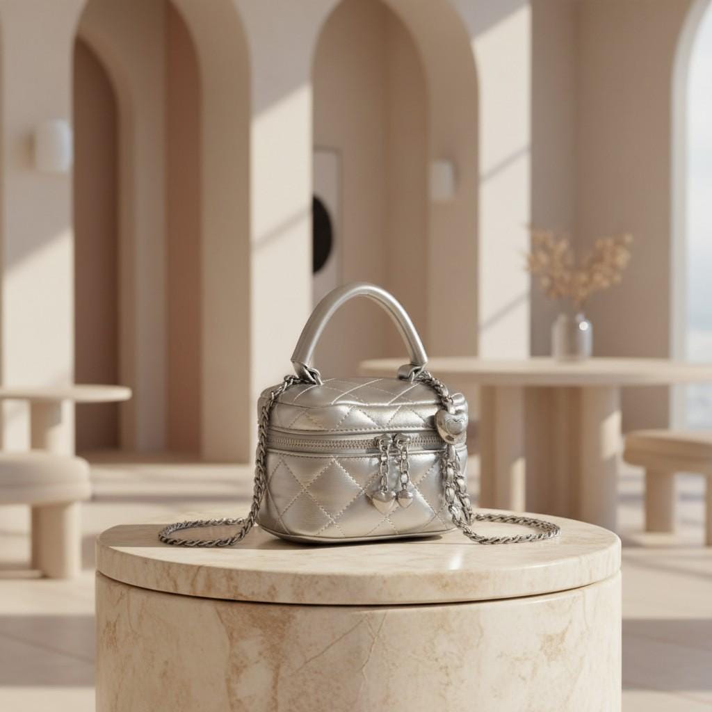 Silver Quilted Mini Bag, Metallic Crossbody Purse, Heart Charm Handbag, Chain Shoulder Bag, Y2K Evening Purse