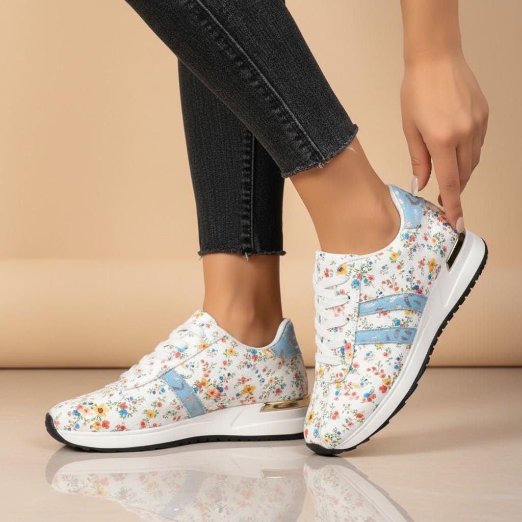 Blue Floral Sneakers for Women, Colorful Flower Print Shoes, Casual Low Top Sneakers