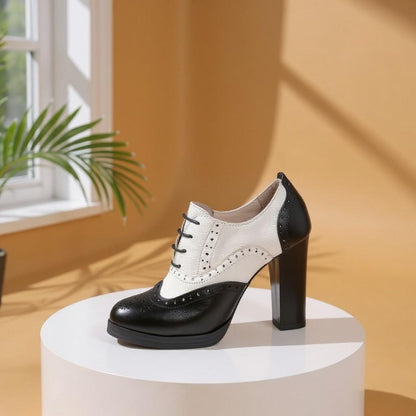 Black White Oxford Heels, Lace Up Brogue Shoes, Two Tone Block Heel