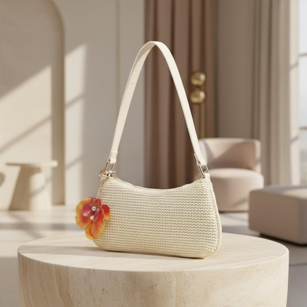 Cream Woven Shoulder Bag, Floral Crochet Purse, Flower Hobo Bag, Boho Summer Handbag, Cute Beach Bag, Vacation Purse