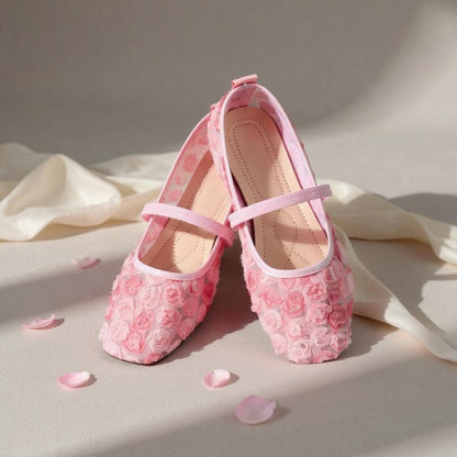 Pink Rose Mary Jane Heels, Floral Embroidered Shoes, Romantic Balletcore Pumps
