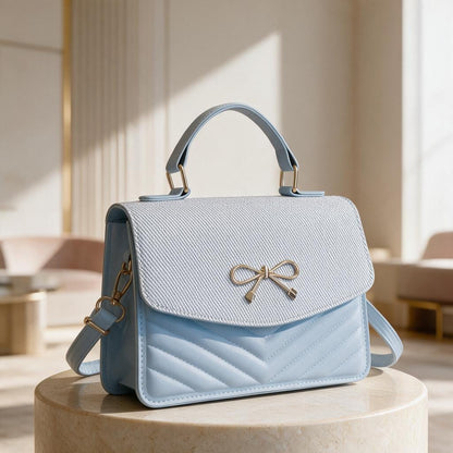 Light Blue Bow Handbag, Quilted Crossbody Purse, Powder Blue Shoulder Bag, Structured Flap Bag, Top Handle Purse