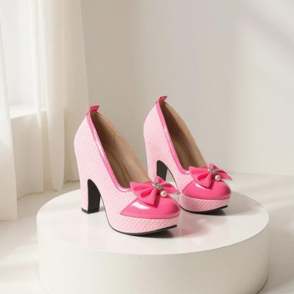 Pink Bow Platform Pumps, Hot Pink Heels, Chunky High Heel Shoes