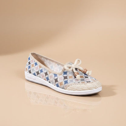 Woven Slip On Flats for Women, Geometric Floral Shoes, Casual Summer Loafers with Bow