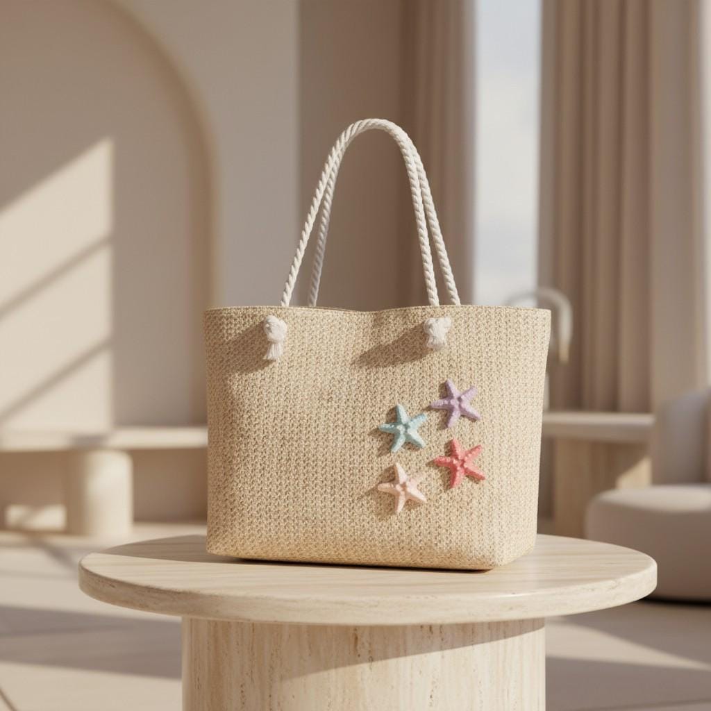 Starfish Beach Tote Bag, Natural Woven Shoulder Bag, Coastal Summer Purse, Large Vacation Tote for Women
