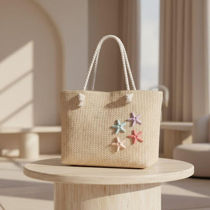 Starfish Beach Tote Bag, Natural Woven Shoulder Bag, Coastal Summer Purse, Large Vacation Tote for Women