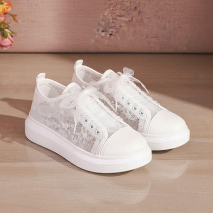 Lace Bridal Sneakers, White Wedding Shoes for Bride, Romantic Wedding Sneakers, Lace Up Platform Shoes, Bridal Reception Shoes