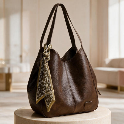 Brown Hobo Bag, Chocolate Shoulder Purse, Slouchy Handbag with Scarf, Casual Womens Bag, Boho Inspired Shoulder Bag