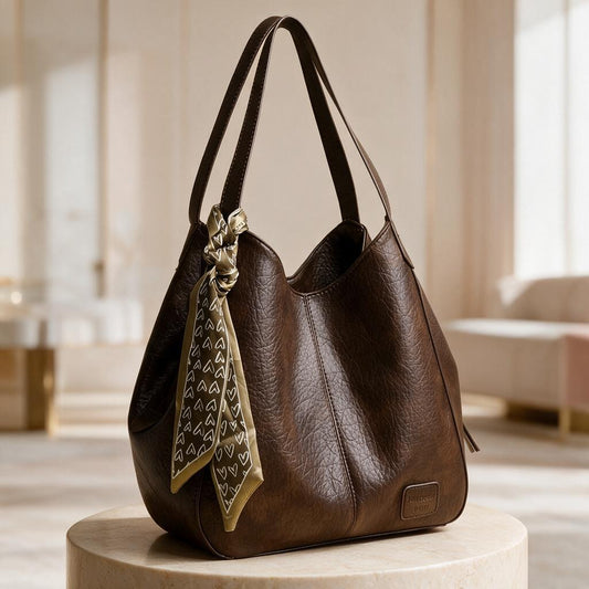 Brown Hobo Bag, Chocolate Shoulder Purse, Slouchy Handbag with Scarf, Casual Womens Bag, Boho Inspired Shoulder Bag