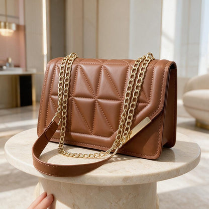 Brown Quilted Shoulder Bag, Geometric Flap Purse, Cognac Chain Handbag, Crossbody Bag, Elegant Quilted Purse