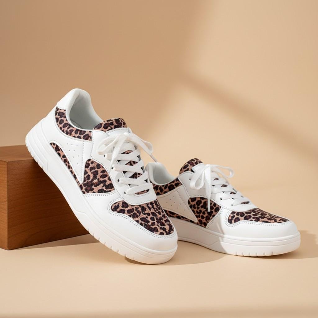 Leopard Print Sneakers for Women, White Low Top Shoes with Animal Print Panels