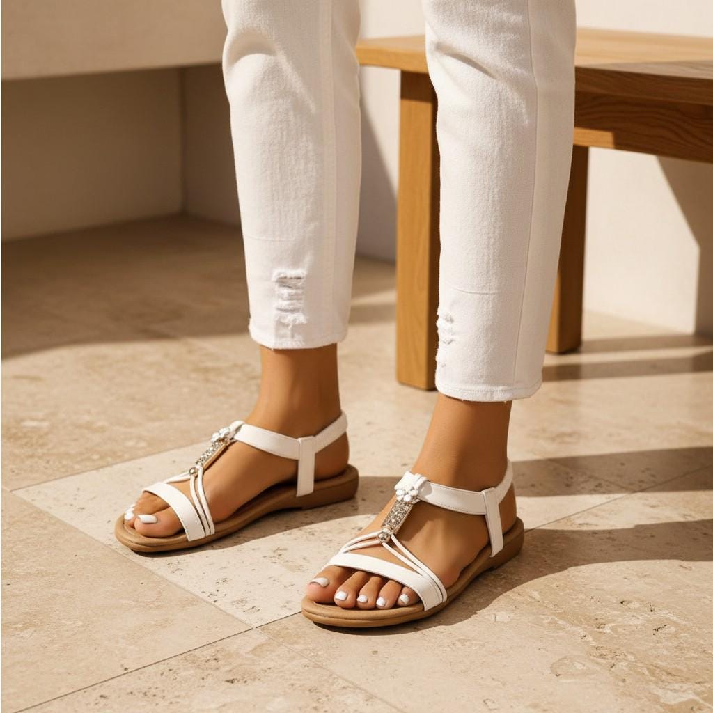 White T Strap Sandals for Women, Elegant Flat Sandals, Strappy Summer Vacation Shoes