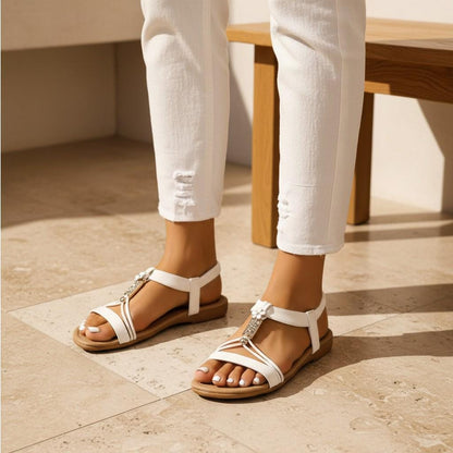 White T Strap Sandals for Women, Elegant Flat Sandals, Strappy Summer Vacation Shoes