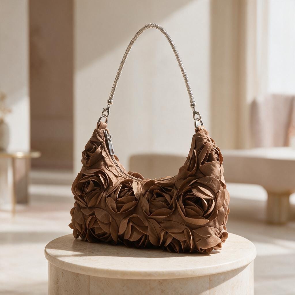 Floral Shoulder Bag, Rose Flower Purse, Brown Baguette Bag, Romantic Handbag, 3D Flower Statement Bag