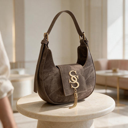 Brown Shoulder Bag, Monogram Flap Purse, Y2K Hobo Handbag, Tassel Detail Bag