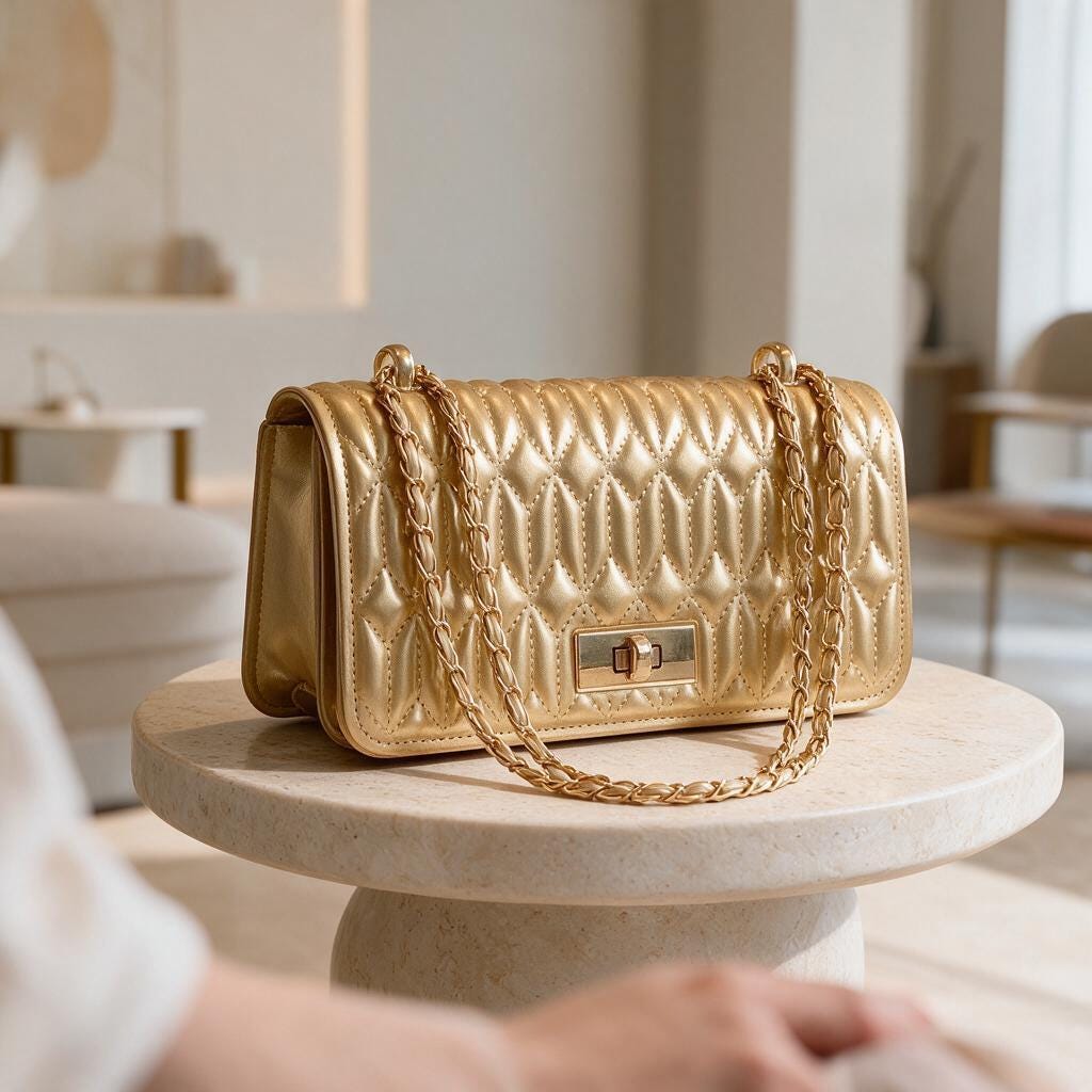 Gold Quilted Shoulder Bag, Metallic Chain Strap Purse, Elegant Flap Handbag, Champagne Gold Evening Bag, Glam Crossbody Purse