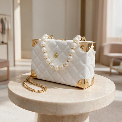 White Pearl Handle Bag, Quilted Shoulder Purse, Elegant Chain Strap Handbag, Ivory Evening Bag, Womens Flap Purse