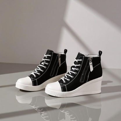 Black Wedge Sneakers, High Top Platform Shoes, Lace Up Ankle Sneakers, Women's Casual Wedge Shoes