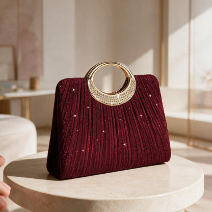 Burgundy Evening Clutch, Wine Red Party Purse, Rhinestone Ring Handle Bag, Elegant Wedding Guest Handbag, Statement Clutch