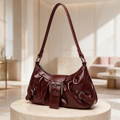 Burgundy Buckle Shoulder Bag, Y2K Baguette Purse, Glossy Handbag, Retro Small Bag