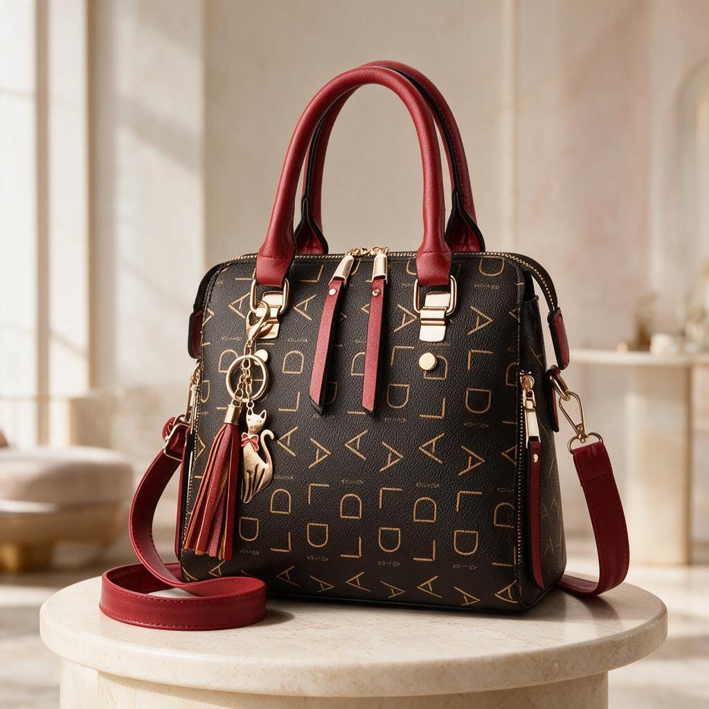 Black Satchel Bag, Red Handle Handbag, Women's Structured Purse, Crossbody Shoulder Bag, Tassel Charm Bag
