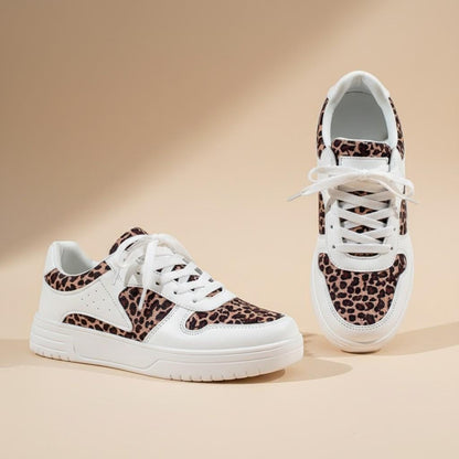 Leopard Print Sneakers for Women, White Low Top Shoes with Animal Print Panels