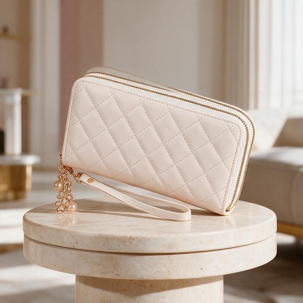 White Quilted Wristlet Wallet, Womens Zip Wallet, Elegant Long Wallet, Gift for Her