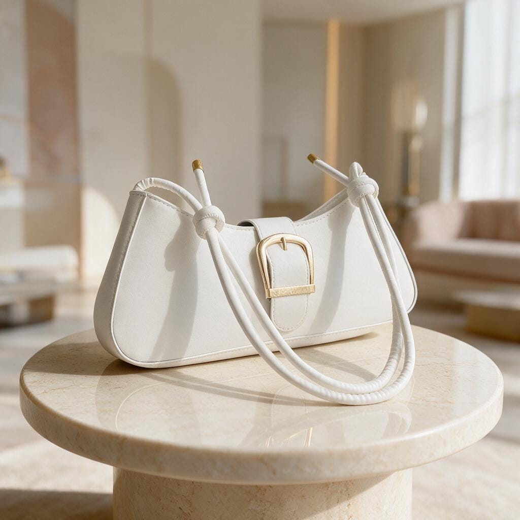 White Shoulder Bag, Baguette Purse, Buckle Detail Handbag, Minimalist Underarm Bag, Elegant Everyday Purse, Women's White Bag