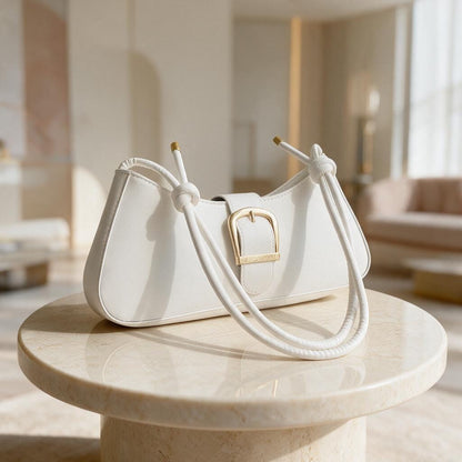 White Shoulder Bag, Baguette Purse, Buckle Detail Handbag, Minimalist Underarm Bag, Elegant Everyday Purse, Women's White Bag