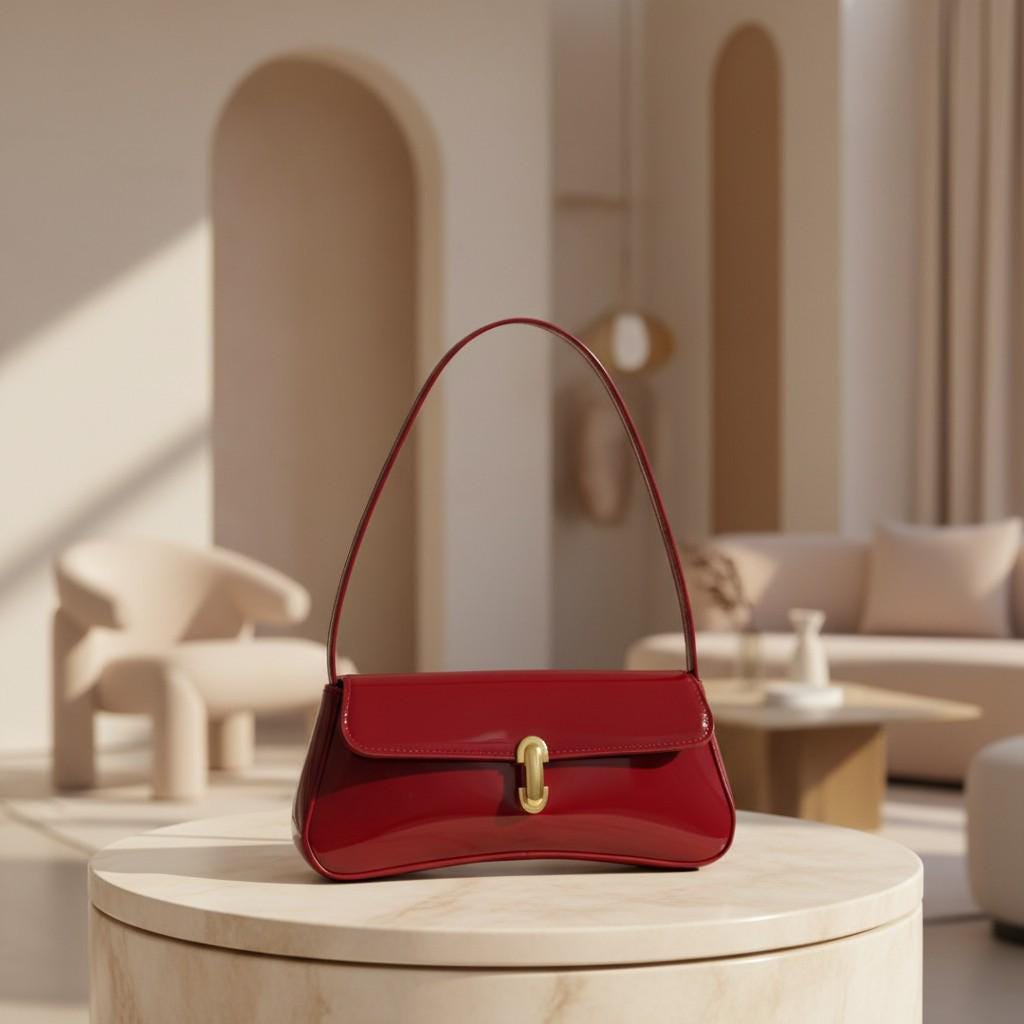 Burgundy Shoulder Bag, Red Baguette Purse, Glossy Evening Handbag, Mini Flap Bag, Chic Date Night Purse