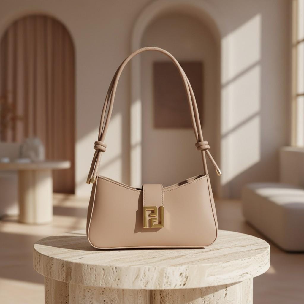 Taupe Baguette Shoulder Bag, Beige Handbag, Gold Clasp Purse, Y2K Underarm Bag, Minimalist Everyday Bag