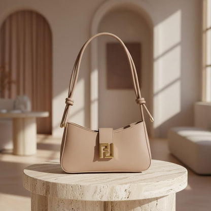 Taupe Baguette Shoulder Bag, Beige Handbag, Gold Clasp Purse, Y2K Underarm Bag, Minimalist Everyday Bag