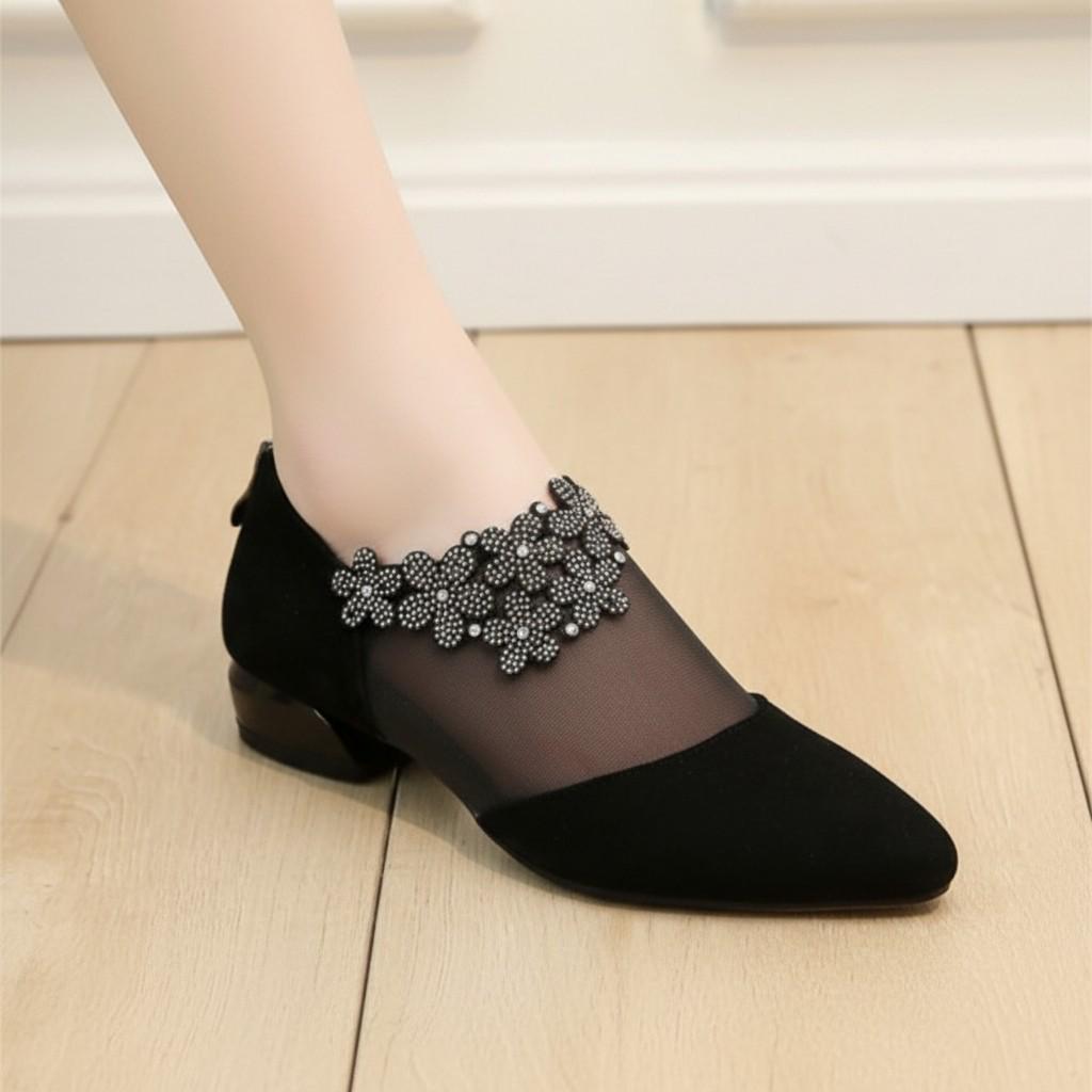 Black Mesh Pumps for Women, Pointed Toe Embellished Heels, Elegant Dress Shoes